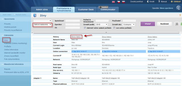 Zone - network settings and entry to history